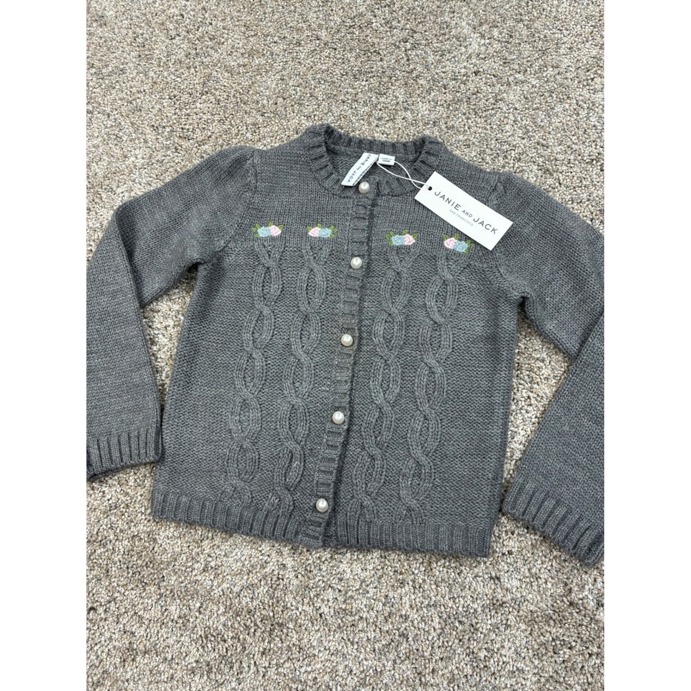 Janie and Jack Girls 4 Gray Cable Knit Floral Embroidered Pearl Button #0868